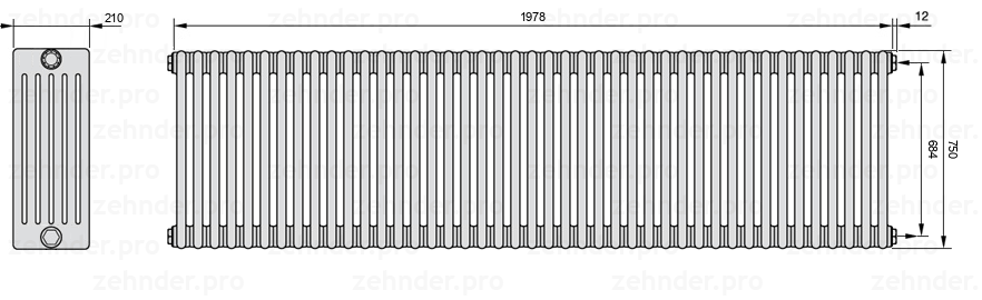 Схема (чертеж) Радиатор Zehnder Charleston 6075/43 №7610 Белый глянцевый RAL 9016